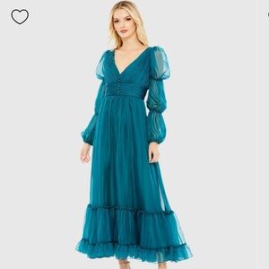 Mac Duggal Teal Chiffon Puff Sleeve Midi Dress